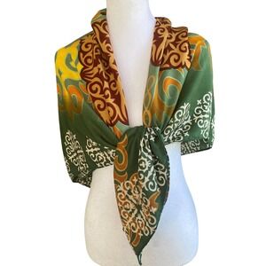 Fermes Paris Green Yellow Orange Damask Scrollwork Square Scarf Neckerchief